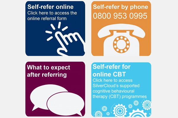 Self refer online. Self refer by phone 0800 953 0995. What to expect after referring. Self refer for online cbt.